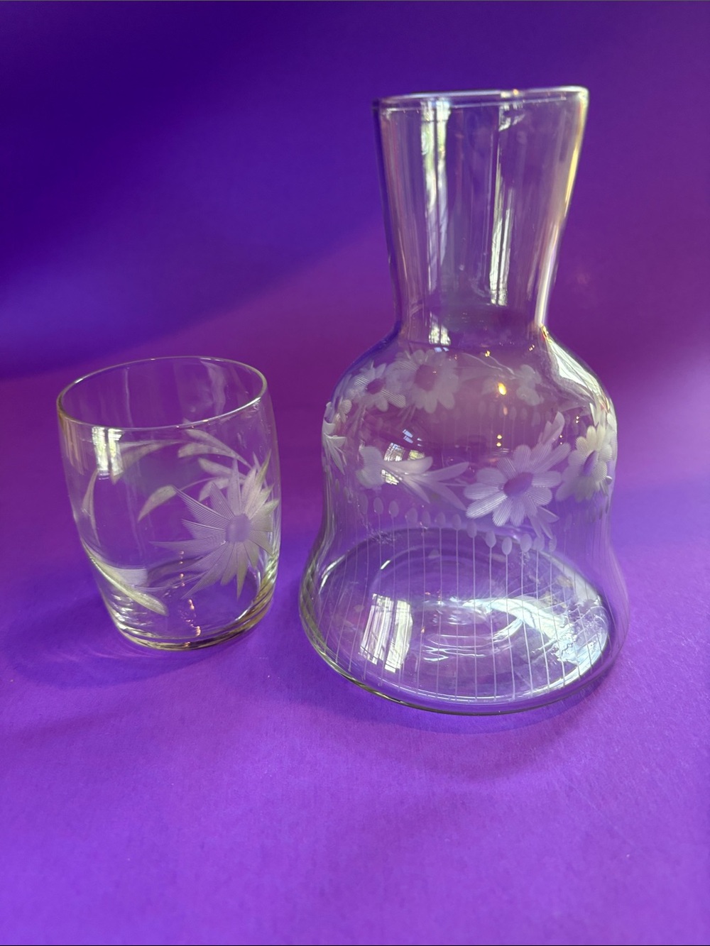 Vintage Blown Glass Floral Etched Bedside Water Carafe Set Decanter & Cup Set